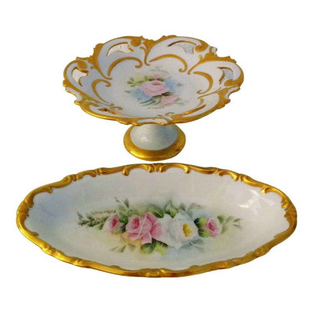 Mid-Century Floral Porcelain Vanity Set, a Pair